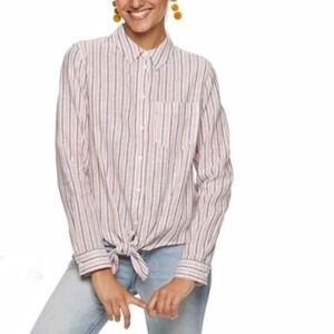 Knot Tie Front Linen Blend Button Down Shirt Striped Top Size Medium Everyday